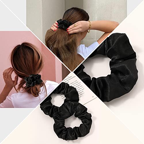 Ivyu Black Silk Satin Scrunchies - Pack of 6, 8 Pieces (2 Free) Hair