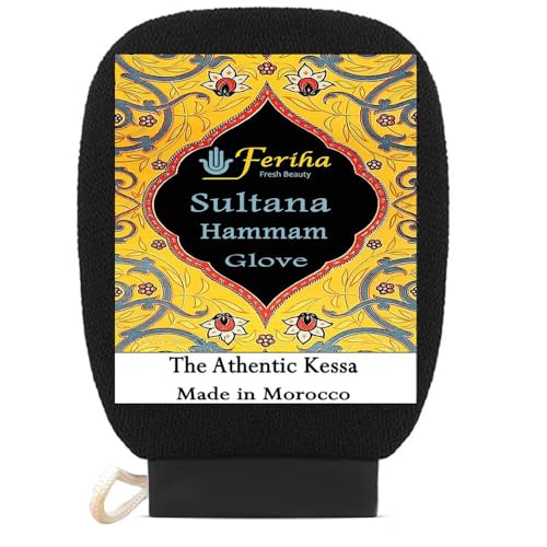 FERIHA Moroccan Indigo (Nila) Black Soap + Original Kessa Exfoliating Glove ? Traditional Hammam Duo for Deep Cleansing and Radiant Skin