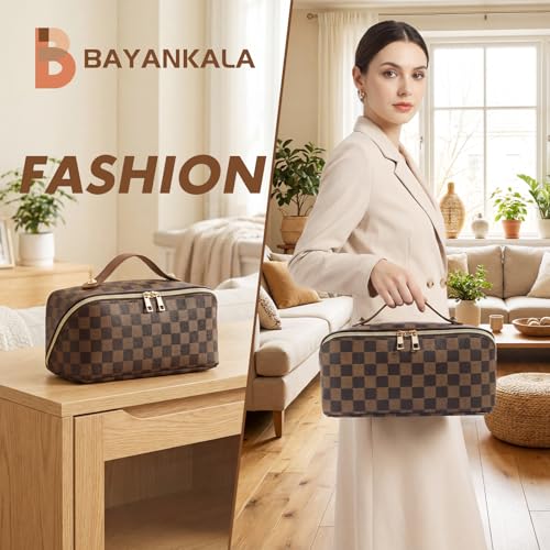 Leather Travel Makeup Bag, Large Capacity Cosmetic Bag for Women, Waterproof Portable Pouch with Divider, Toiletry Organizer with Handle, 10.5x5x5 Inches, Deep Brown