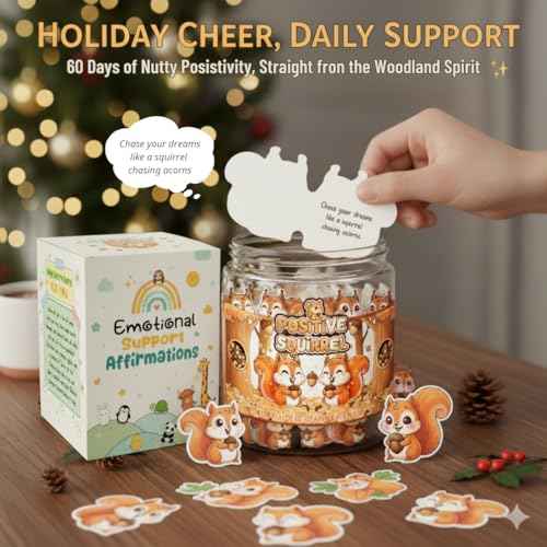 Positive Squirrel Jar With 60 Affirmation Cards, Funny Emotional Support Christmas Gift, Christmas Decor for Home or Office, Cute Squirre Gifts for Women Men and Coworkers, Friends