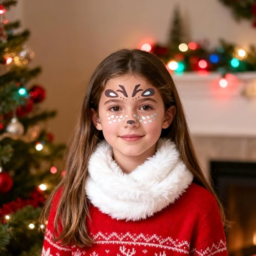 Deer Face Stickers Christmas Face Tattoo for Women Men with Rhinestone Self Adhesive Glitter Stickers Cute Animal Deer Face Tattoos Eyes Body Makeup Party Cosplay Supplies 2Pcs