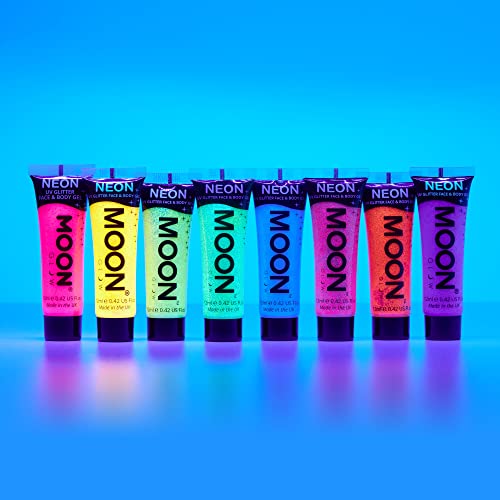 Moon Glow - Blacklight UV Glitter Face & Body Gel - 12ml Set of 8 - Blacklight Face Paint - glows brightly under Blacklight