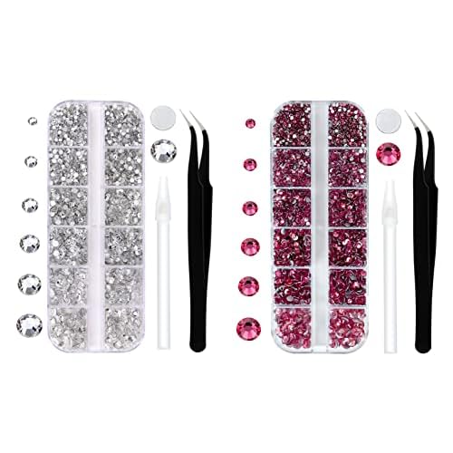 White and Rose Flatback Rhinestones for Nail Craft,Makeup,Gemstones Rhinestones with Tweezers and Picking Pen