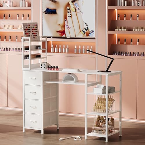 Manicure Table with Drawers & Power Outlet - White Nail Desk