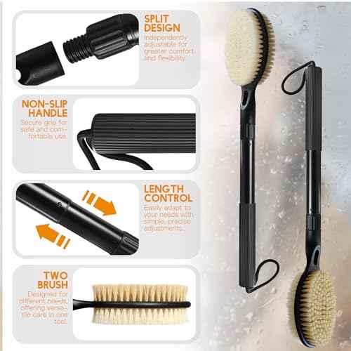 Back Scrubber with Soft and Stiff Bristles, 17''-25'' Long Handle Dual-Sided Shower Brush for Body for Deep Cleaning