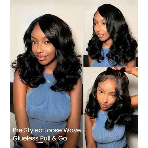 Ugrace Layered Cut C-Side Part Loose Wave Glueless Wigs Human Hair Pre Plucked Pre Cut 6¡¿5 HD Lace With Baby Hair Pre Bleached Knots 180% Density Natural Black Wigs for Black Women 18Inch