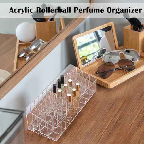 ELLDOO Rollerball Perfume Organizer, 44 Spaces Clear Acrylic Perfume Storage Holder Beauty Scent Holder, Essential Oil Storage Holder Organizer, Makeup Lipgloss Lipstick Display Case