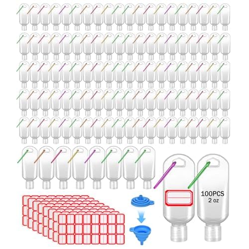 HATTIE 100 Pack Travel Plastic Clear Keychain Bottles 50ml/2oz Portable Leakproof Squeeze Small Bottles With Flip Cap Refillable Empty Containers for Lotion Soap Toiletry