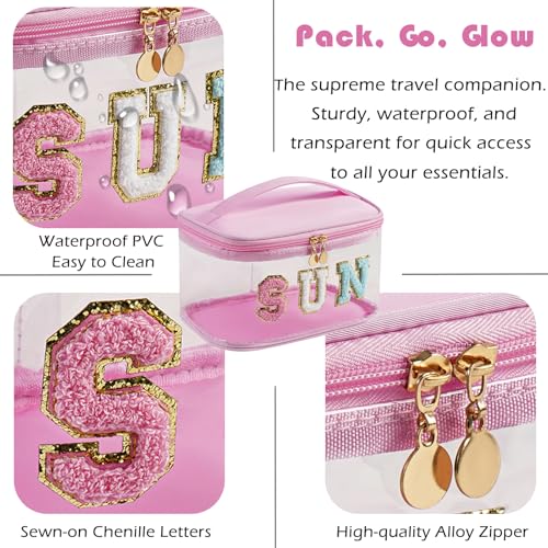 Clear Waterproof Makeup Bag with Letter Patches - Sunscreen Travel Pouch