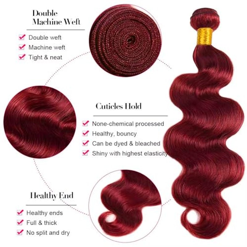 99J Burgundy Body Wave Human Hair Bundles 16-20 inch