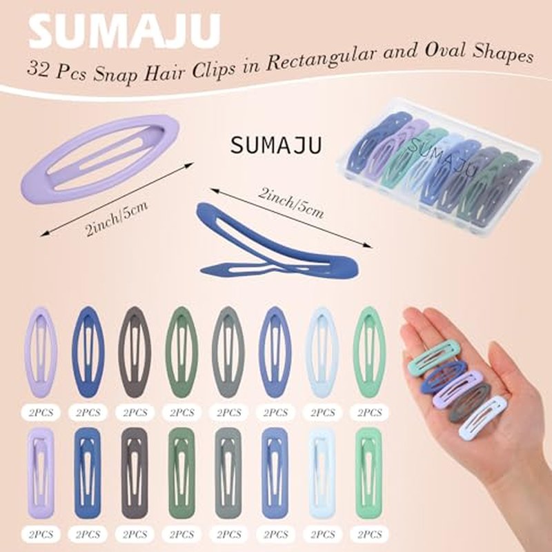 32 Pc 2-Inch Snap Hair Clips, Rectangular & Oval, Metal Barrettes