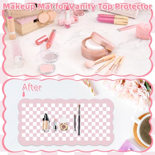 Pink Checkered Makeup Mat 31.5x15.7 Dual-Sided Vanity Pad