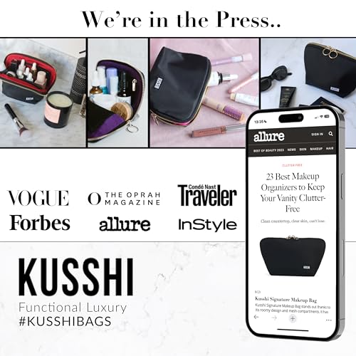 KUSSHI Washable Travel Makeup Bag for Purse (Everyday, Satin Black/Pink)