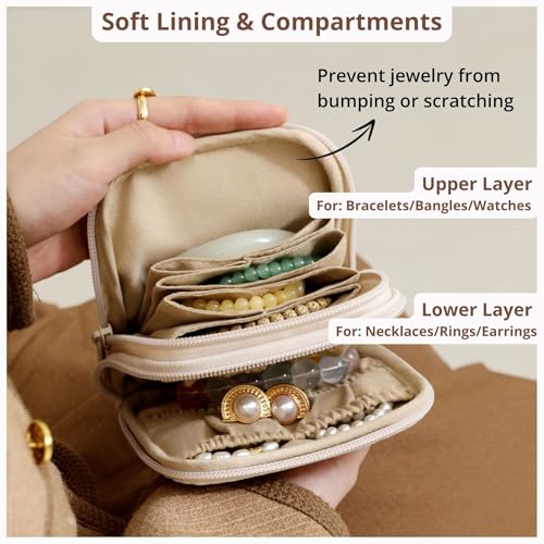 Tianzong Double Zipper Travel Jewelry Case for Women - Beige Waterproof PU Organizer with Gift Box