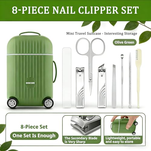 8-Piece Mini Manicure Set in Olive Green Travel Case