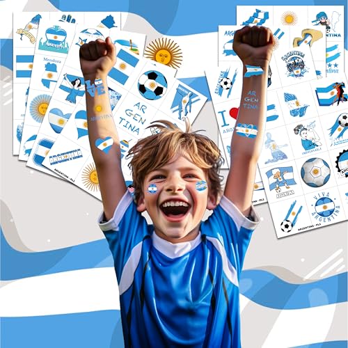 96 PCS Argentina Pre-Cut Soccer Flag Temporary Tattoos Themed Birthday Party Decorations Supplies Decor Favors Football Blue Argentinian Tattoo Stickers Gifts For Game Boys Girls Class School Prizes