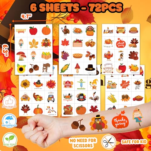 96-Piece Thanksgiving Party Favors Set - 72 Tattoos & 24 Stamps