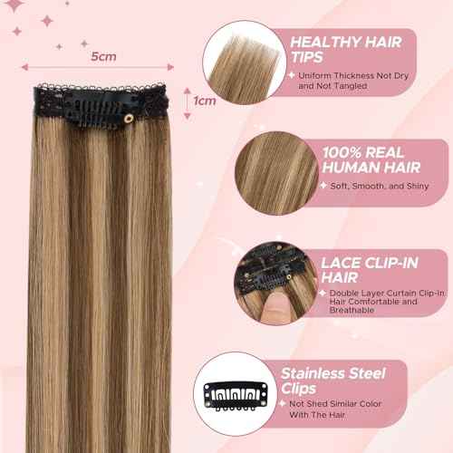 Clip in Hair Extensions Real Human Hair for Women, 14 Inch 36g 6pcs, Medium Brown Mix Dark Blonde, Straight - Highlight, Add Volume and Length for Daily Wear, Parties, Weddings
