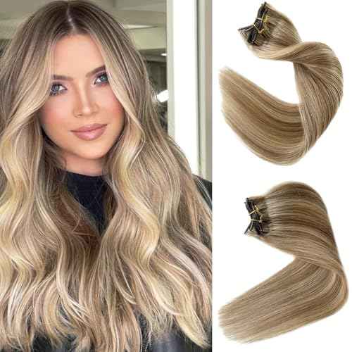 Clip in Hair Extensions Human Hair Light Blonde Mix Golden Blonde Highlights Real Human Hair Extension 12Inch 7pcs 70g Straight Silky Blonde Clip ins for Women