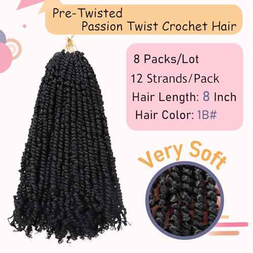 LOSMOEER 8 Packs Passion Twist Crochet Hair 8 Inch Natural Black Pre-twisted Crochet Passion Twist Hair Pre-looped Crochet Braids Hair for Women Passion Twists Braiding Hair Synthetic Hair Extensions
