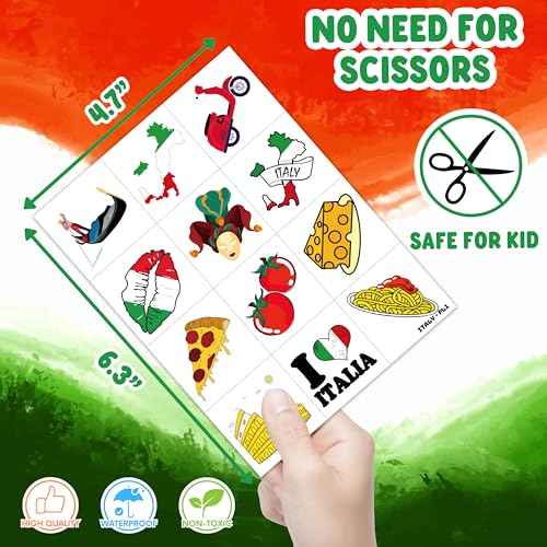 96 PCS Italian Italy Pre-Cut Rome Temporary Tattoos Themed Birthday Party Decorations Supplies Favors D?cor Flag Inspiring Tattoo Stickers Gifts For Game Boys Girls Classroom School Prizes Reward
