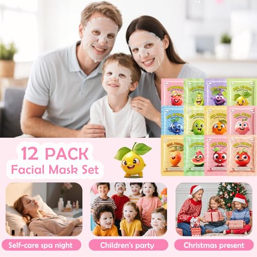 12-Pack Fruit Face Masks for Kids & Teens | Hydrating Sheet Mask Set
