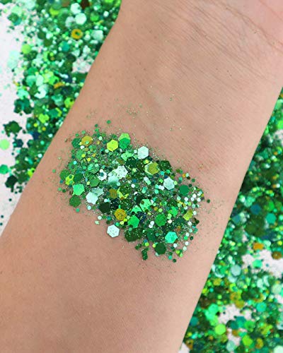 Green Body Glitter - 15g Chunky Holographic Face Glitter, Hair Glitter, Eye Glitter and Body Glitter for Women. Rave Glitter, Festival Accessories, Cosmetic Glitter Makeup. Loose Glitter Set