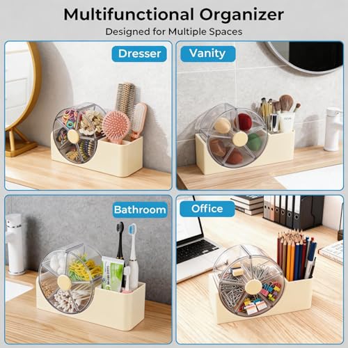 Cream Hair Accessories Organizer with Rotating 5-Section Wheel & 2-Slot Brush Holder