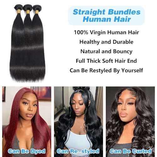 Straight Bundles Human Hair Brazilian Virgin Human Hair Bundles 16 16 16 Inch 100% Unprocessed Straight Hair Double Weft Deals Human Hair Extensions Natural Black