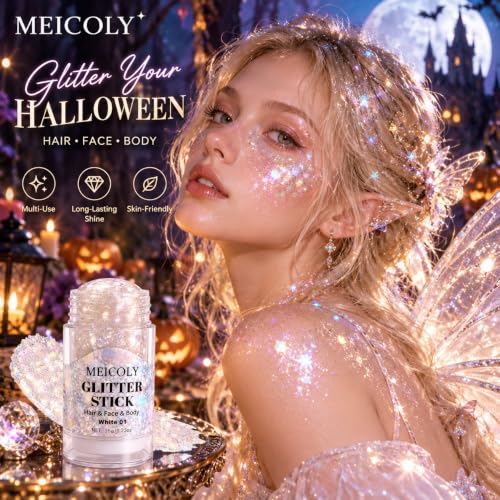 MEICOLY White Glitter Stick for Face & Hair – 1.23 oz Iridescent Mermaid Glow, Round-Head Applicator