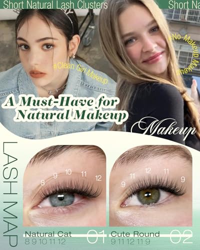 Lvmixwig B-Natural Short 8-12mm Lash Clusters Kit with Bond & Seal, Invisible Band, Tweezers