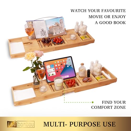Bamboo Bathtub Caddy Tray with Wine & Book Holder