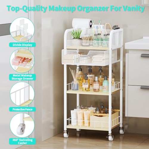 HapiRm Makeup Organizer Storage Cart - 4 Tier Skincare Make Up Storage with Drawer, Rolling Makeup Cart Vanity Organizer Cosmetics Display Cases Holder for Skin Care Perfume Nail Polish Brush
