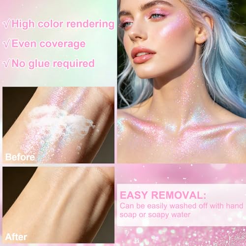 Meilury 2PCS Pink Holographic Body & Face Glitter Gel Roll-On, Festival Makeup