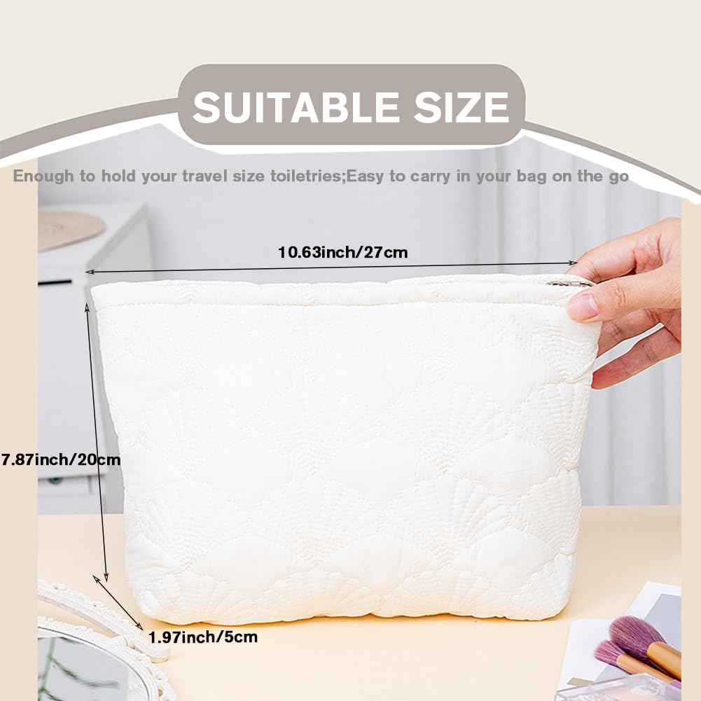 FITINI Makeup Bag Travel Large Portable Quilted Floral Print Cosmetic Organizer Cute Pouch for Women Soft Cotton Zipper Waterproof Toiletry Storage Bags,White Shell