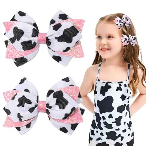 2PCS Glitter Cute Moo Cow Print Hair Bows Pink Grosgrain Ribbon Alligator Clips for Girls£¬Women, Toddlers, Infants, and Kids' Birthday Party Decor