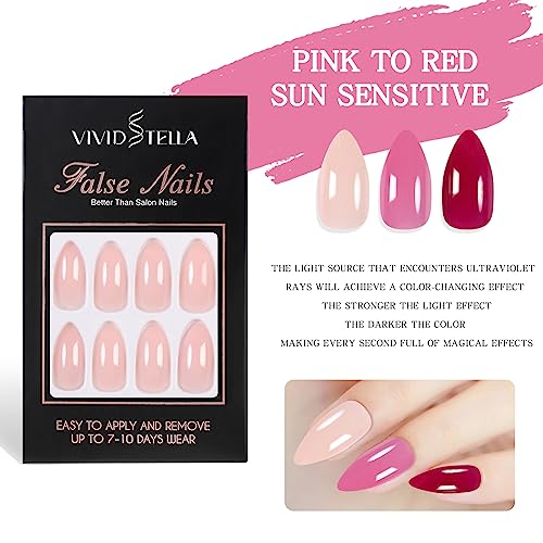 Sun Change Color Nail Tips Pink To Red Mood Change Manicure Kit Stiletto Acrylic Stick on Static Nails for Women Girls