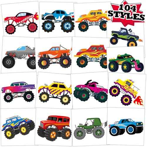 104 PCS Monster Truck Temporary Tattoos for Kids Party Supplies, Individually Wrapped Monster Truck Fake Tattoos Temp Tattoo Stickers for Boys Girls Birthday Party Favors Decorations Activities