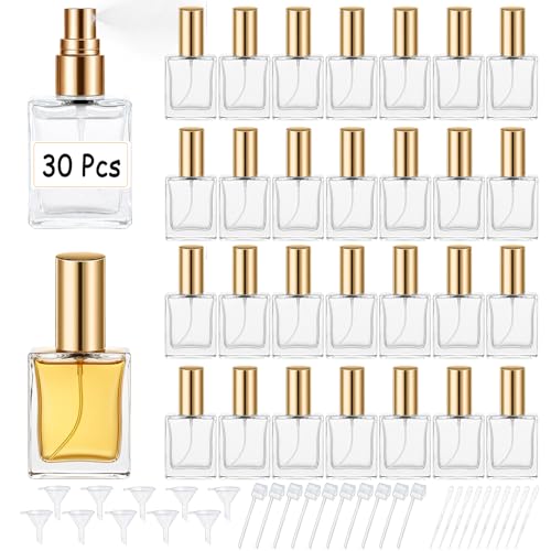 Premium 30 Pcs 30 ml Clear Glass Perfume Spray Bottle Mini Empty Perfume Bottles, Refillable Perfume Bottle With Pump Tool, Droppers And Funnels for DIY Fragrances, Cologne, and Travel (Gold)
