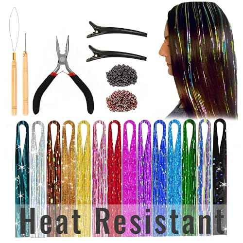 Andou | 14 Colors | Up To 6800 Strands | Heat Resistant Hair Tinsel Kit For Girls, Women & Kids | 48 Inch | One Wooden Threader & Crochet | One Plier | Two Hair Clips | Two Hundred Beads