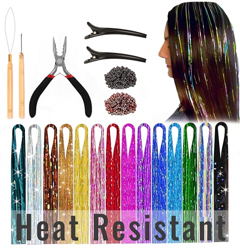 Hair Tinsel Kit 14 Colors 8500 Strands for Girls Women Kids - Heat Resistant Glitter Extensions