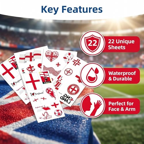 England Flag Temporary Tattoos for Game Day & Parties - 22 Sheets