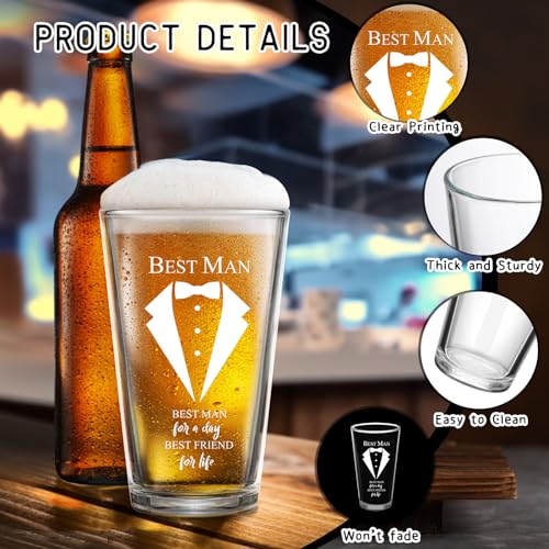 Qinyoung 7 Pcs Best Man Gifts Wedding Proposal Gift for Groomsman 16 oz Beer Glass Cup Bottle Cap Opener Socks Multi Tool Ballpoint Pen with Greeting Card Black Envelope Box(Best Man)