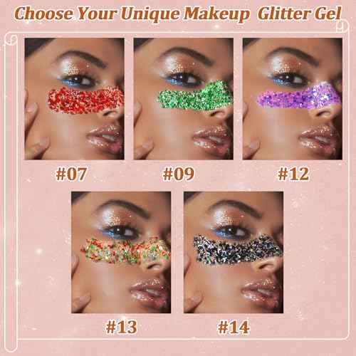 Boko 50ML Body Glitter Gel, Red Green Mardi Gras Chunky Glitter Gel for Face Hair Body Sparkle Makeup, Cosmetic Mermaid Face Glitter Sequins for Mardi Gras Concert Party Event Rave Accessories