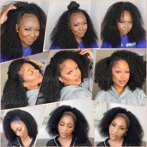 Domiso Afro Kinky Curly 3 In 1 Half Wig Seamless Kinky Curly Flip Over Beginner Friendly Human Hair Natural Hairline Glueless Invisible Hairline Drawstring Band Clip in Wig 22 Inch