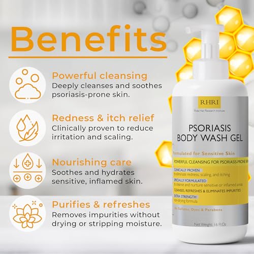 Body Wash | Psoriasis Treatment For Skin | Psoriasis Body Gel | Foaming Cleanser For Dry, Itchy, Red, Flaky, Scaly Skin w/Scrubber
