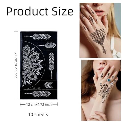 Temporary Tattoo Stencils, 10 Sheets Henna Tattoo Templates for Women Girls Indian Arabian Fake Tattoos DIY Body Art Stickers Reusable for Hand Arm Leg