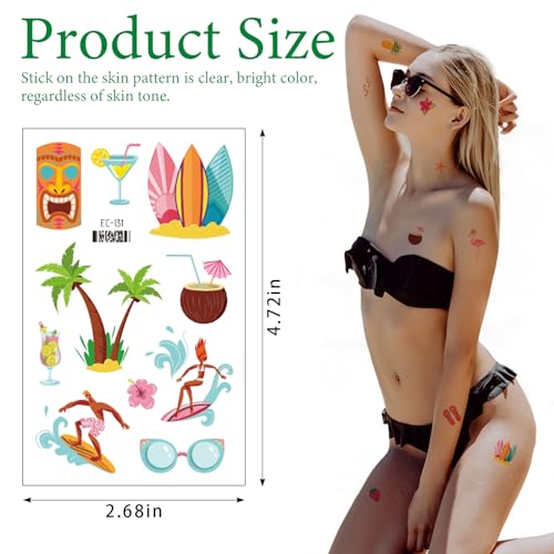 10 Sheets Hawaiian Temporary Tattoos Summer Topic Flamingo Temporary Tattoo Sticker Watch Coconut Tree Tattoo for Men Women Summer Holiday Sea Beach Party Favor Makeup Costume Supplies
