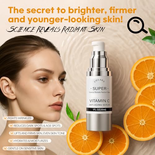 Super Vitamin C Serum, 20% Vit C Anti Aging & Wrinkle Retinol Face Serum With Hyaluronic Acid, Vitamin E, Caffeine, Peptides For Women Face Fine Lines Wrinkle Brightening - 1 Fl Oz