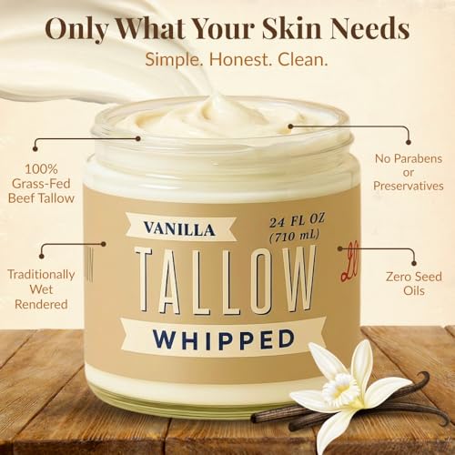 Whipped Tallow 24oz - All Natural Face Cream + Whole Body Moisturizer for Dry Skin - Made With Scented Oil Blend - No Preservatives, Parabens or Seed Oils - USA Made (Vanilla)